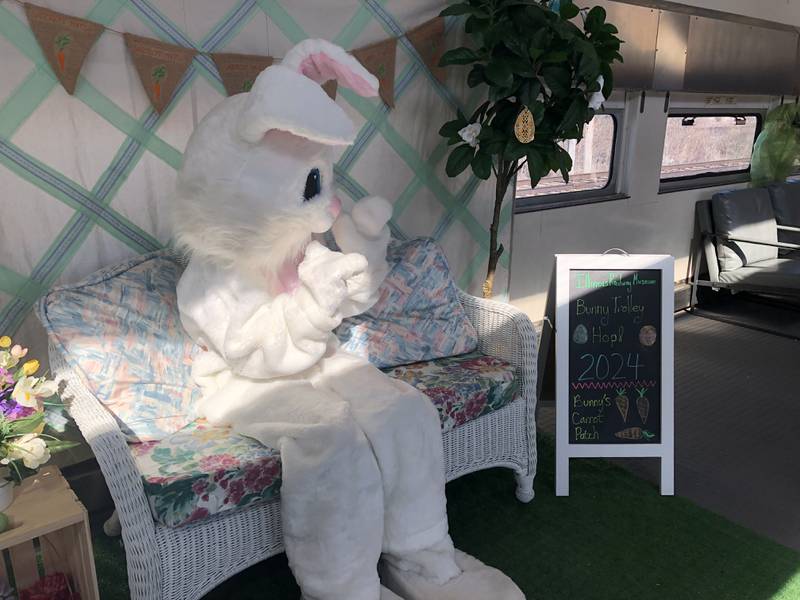 The Easter bunny waves Saturday, March 23 at the Illinois Railway Museum in Union.