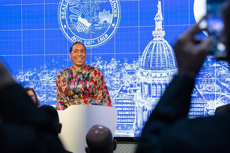 Lt. Gov. Julianna Stratton speaks to reporters and advocates at a news conference announcing a new unified portal for child behavioral health programs