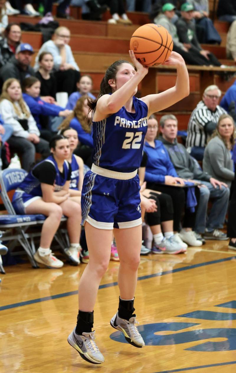 Princeton's Camryn Driscoll shoots against Alleman's Lilli Lempke in Thursday's regional championship game at Prouty Gym. The Pioneers won 40-27.