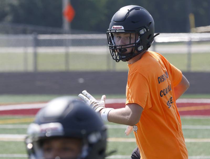 Crystal Lake Central’s JR Mason plays defense during a 7 on 7 football practice Monday, July 14, 2025, at Richmond-Burton High School, with teams from Richmond-Burton . Grayslake Central and Mundelein.