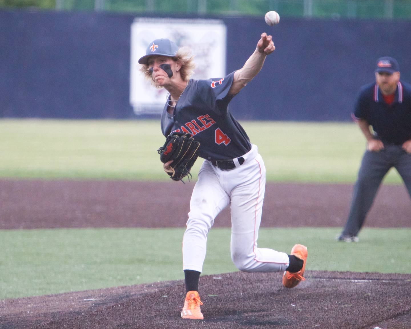 St Charles East's Joe Arend delivers a pitch against York at the Class 4A Sectional Semi Final on Wednesday, May 31, 2023 in Elgin.