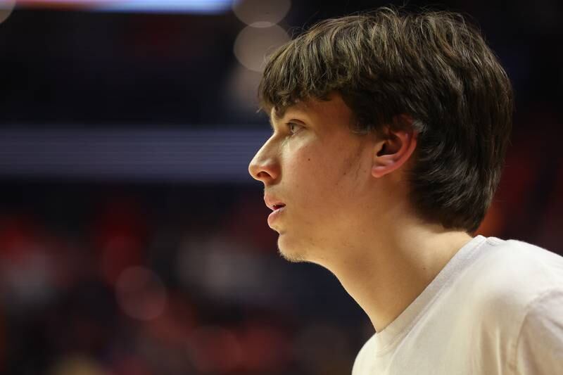 Glenbard West’s Braden Huff during warmups against Bolingbrook in the Class 4A semifinal at State Farm Center in Champaign. Friday, Mar. 11, 2022, in Champaign.