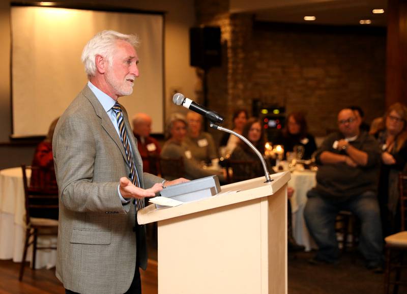 Jay Womack speaks after being presented with the 2022 Wood Award during the Geneva Chamber of Commerce’s annual dinner and awards at Riverside Receptions in Geneva on Wednesday, Nov. 16, 2022.