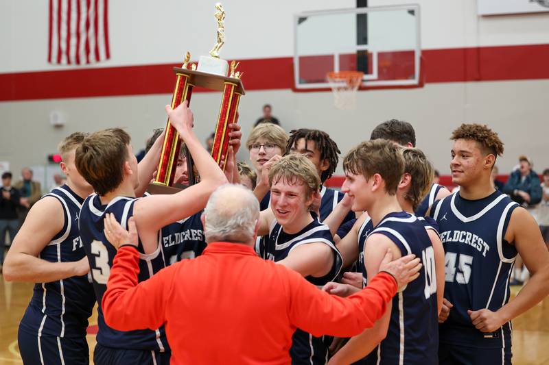 2024 Colmone Classic Champions-Fieldcrest hold trophy on Saturday, December 14, 2024 at Hall High School in Spring Valley.