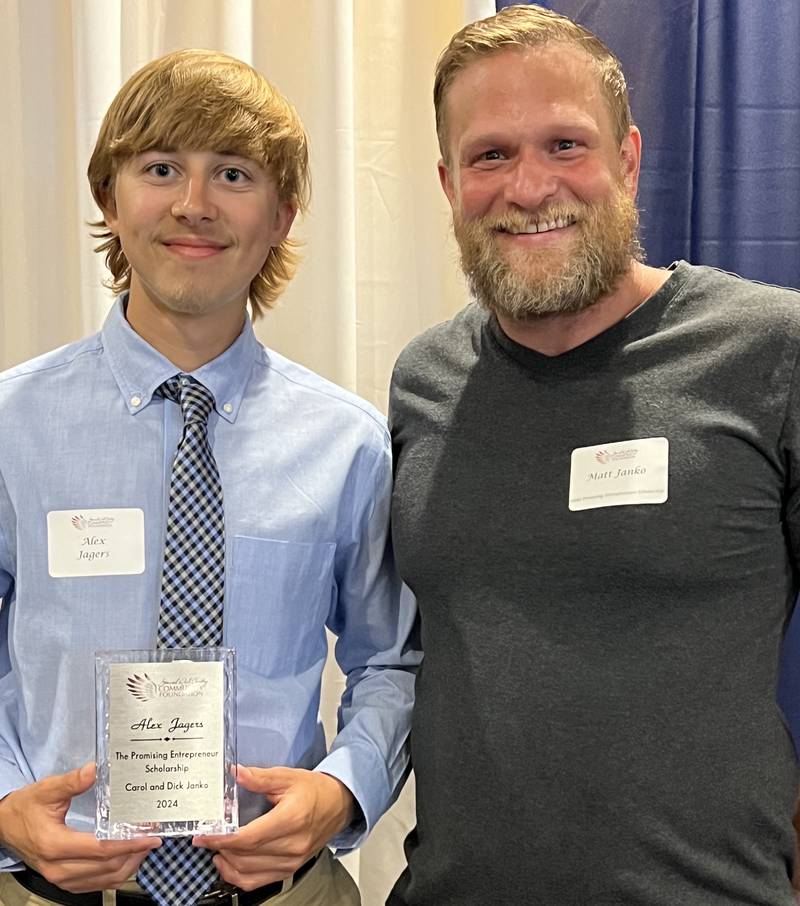 Alex Jagers of Princeton (left) with Matt Janko, representing his grandparent’s scholarship for “promising entrepreneurs" at the Starved Rock Country Community Foundation scholarship reception Monday, June 24, 2024.
