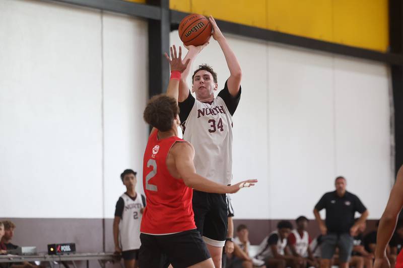 Plainfield North’s Quintin Wiencek puts up a shot against Streator at the 37th Morris Boys Shootout on Tuesday, June 25, 2024.