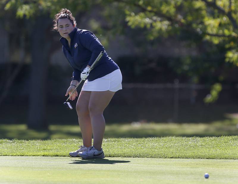 Sterling’s Emily Schwingle watches her putt on the first green during the IHSA Class 2A Huntley Girls Golf Regional on Tuesday, Oct. 1, 2024, at Pinecrest Golf Club in Huntley.