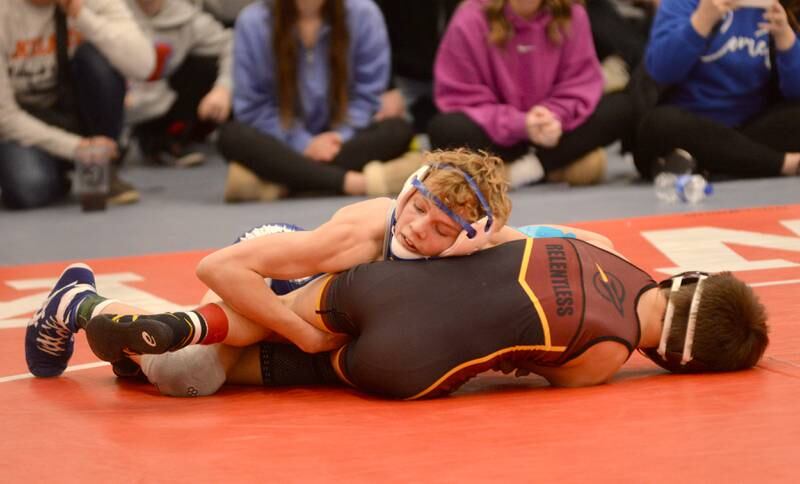 Sterling Newman’s Landon Near holds Richmond Burton’s Lelan Nelson during their 106-pound match at the 1A Oregon Sectional on Saturday, Feb. 15, 2025.