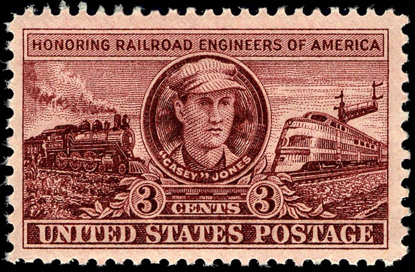 A portrait of John Luther "Casey" Jones (1864-1900) is superimposed on a locomotive wheel in this 3-cent stamp issued in 1950..