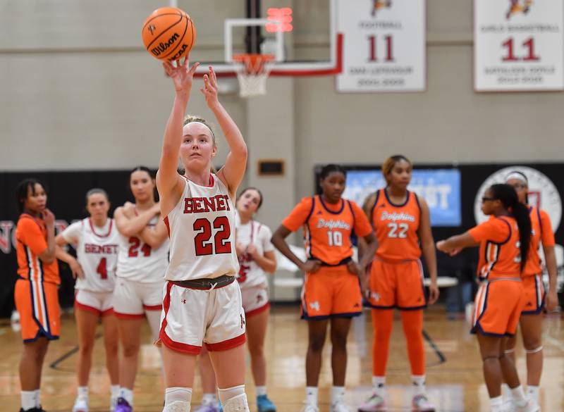 Benet’s Bridget Rifenburg (22) shoots one of a string of free throws after she was fouled by a Whitney Young player that also resulted in a technical foul during a Coach Kipp Hoopsfest game on January 19, 2026 at Benet Academy in Lisle.