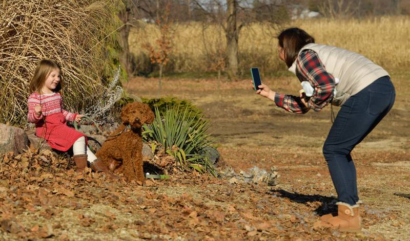 Grace Moulis, 4 and her dog “Baraboo” of Villa Park has her photo captured by her mom Emily while visiting Spring Bluff Nursery in Sugar Grove on Saturday, November 26, 2022.