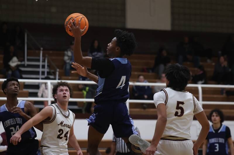 Plainfield South’s Brian Townsend puts up a shot against Morris on Wednesday, Jan 29, 2025 in Morris.