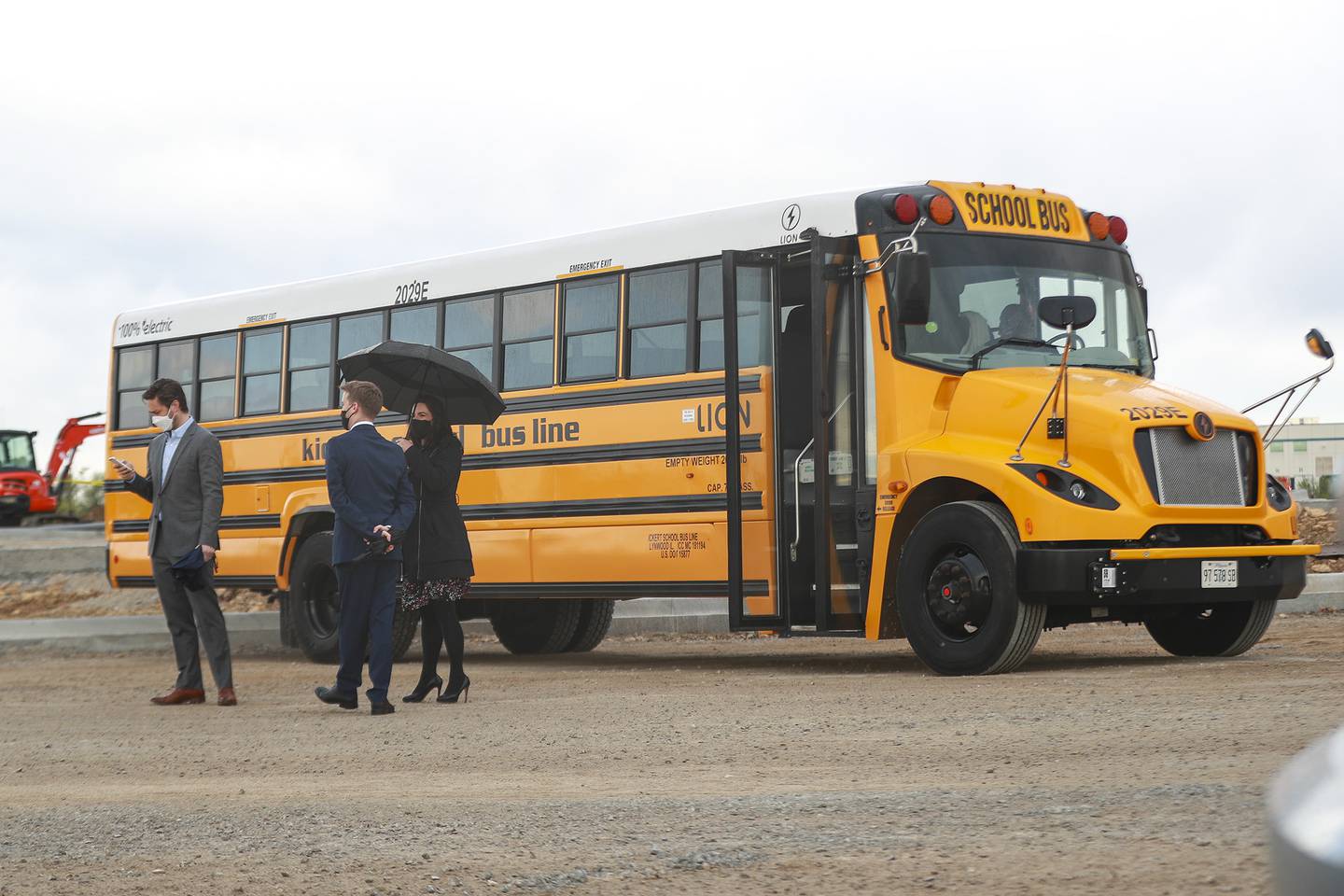 An example of the electric school buses to be produced at the Joliet Lion Electric plant on Friday, May 7, 2021, at 3835 Youngs Road in Joliet, Ill. Governor Pritzker announced at a press conference on Friday morning that Lion Electric will be building a factory to produce electric school buses in Joliet. This will be the company's first factory in the United States.