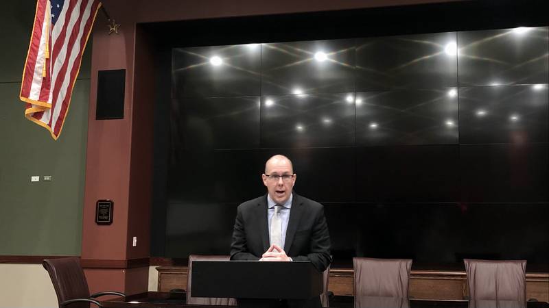 Oswego Village President candidate Ryan Kauffman answers questions Monday, March 20, 2023 at a candidate forum held by the Oswego Chamber of Commerce at the Oswego Fire Protection District at 3511 Woolley Road.