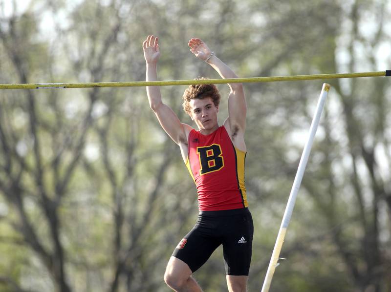Batavia’s Nicholas Fortino clears the bar in the pole vault competition during the Kane County Boys Track and Field Invitational at Geneva High School on Monday, May 9, 2022.