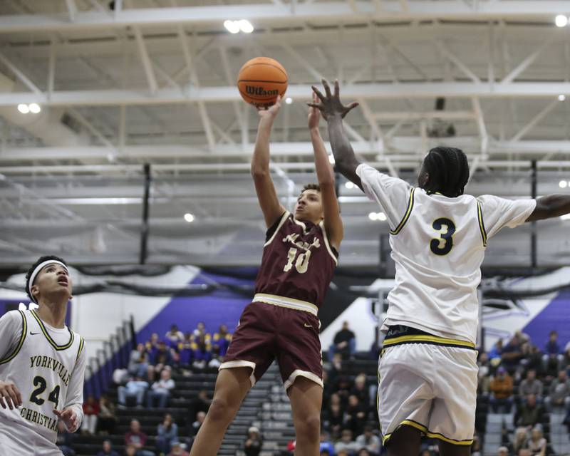 Morris's Baylen Lee (10) shoots a fade a way during their Plano Christmas Classic basketball game between Morris at Yorkville Christian Friday, Dec 26, 2025 in Plano.