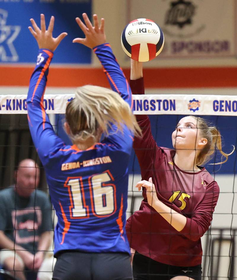 Montini's Sienna Skarda tries to tip the ball by Genoa-Kingston's Alayna Pierce during their match Tuesday, Sep. 5, 2023, at Genoa-Kingston High School.