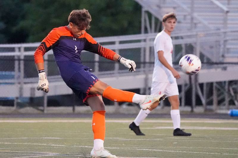 Oswego’s Cristian Lopez (1) clears the ball during a soccer match against Wheaton Warrenville South at Wheaton Warrenville South in Wheaton on Thursday, Aug 28, 2025.
