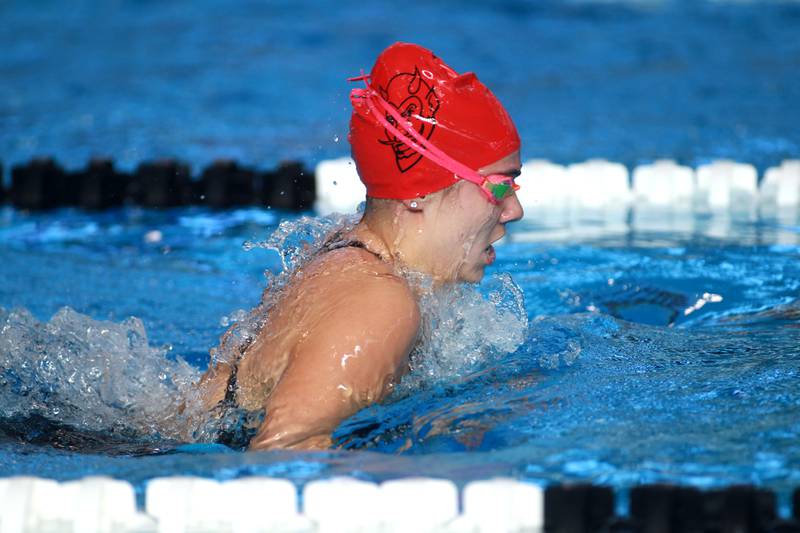 Hinsdale Central’s Burlingtyn Bokos swims the 200-yard individual medley championship heat during the IHSA Girls State Swimming and Diving Championships at the FMC Natatorium in Westmont on Saturday, Nov. 11, 2023.