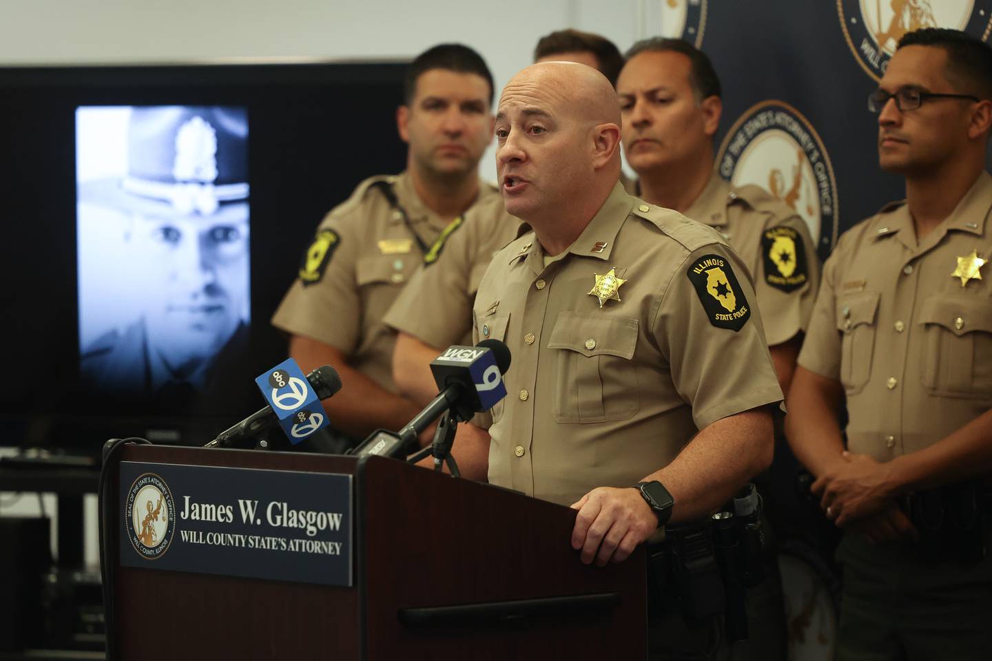 David Keltner Captain of the Illinois State Troop 3 speaks at a media conference on the sentencing of Angel Casillas for the 2021 crash that left State Trooper Brian Frank severely injured at the Will County State Attorney Office on Tuesday, Sept. 5, 2023 in Joliet.