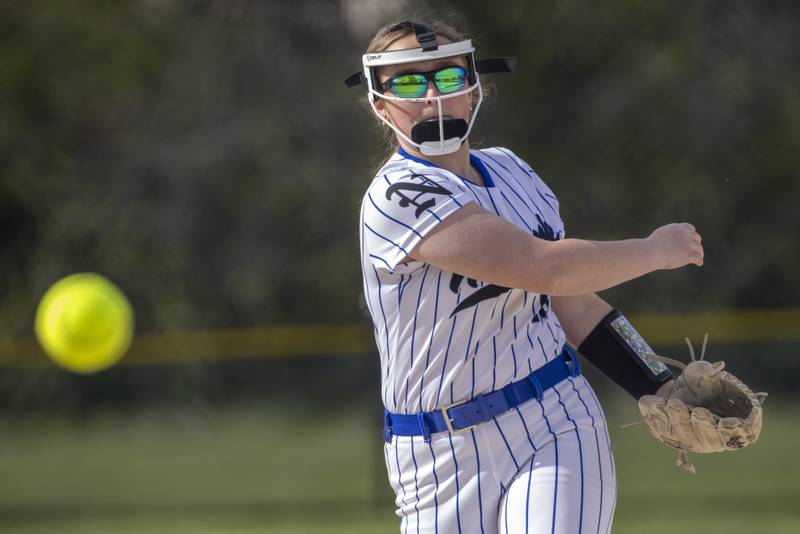 Newark pitcher Dottie Wood rifles a strike across the plate against a Serena High School batter during the game earlier this season at Newark High School.
