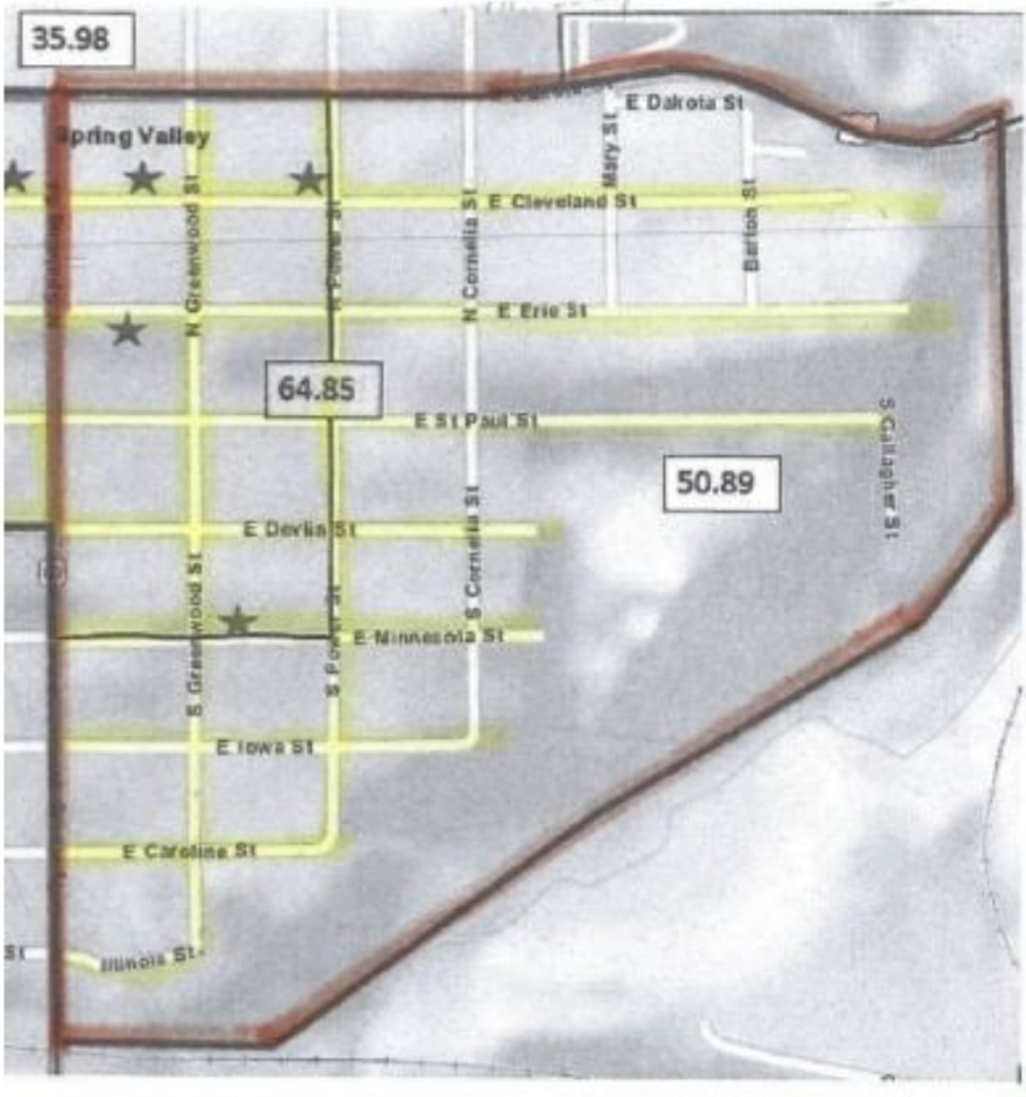 A map of the area that would be the recipient of a neighborhood improvement grant in Spring Valley.
