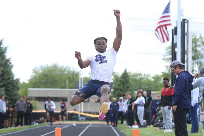Oswego East’s Jamari McKay competes in the Long Jump in the Southwest Prairie Conference boys track and field championship on Wednesday, May 13, 2026 at Joliet West High School.