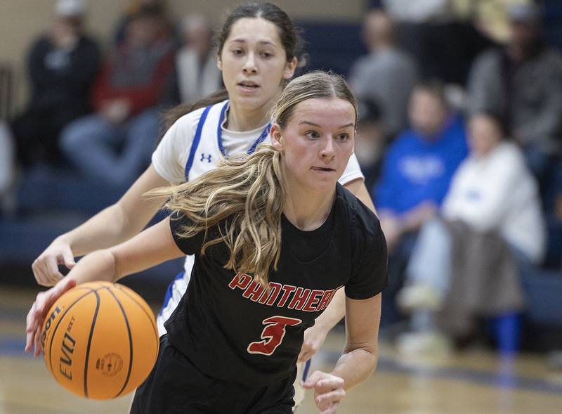 Erie-Prophetstown’s Aubrey Huisman drives to the hoop against Newman Thursday, Dec. 12, 2024, at Newman High School.
