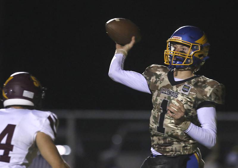 Johnsburg's AJ Bravieri throws the ball during a Kishwaukee River Conference football game against Richmond-Burton on Friday, Oct.6, 2023, at Johnsburg High School.