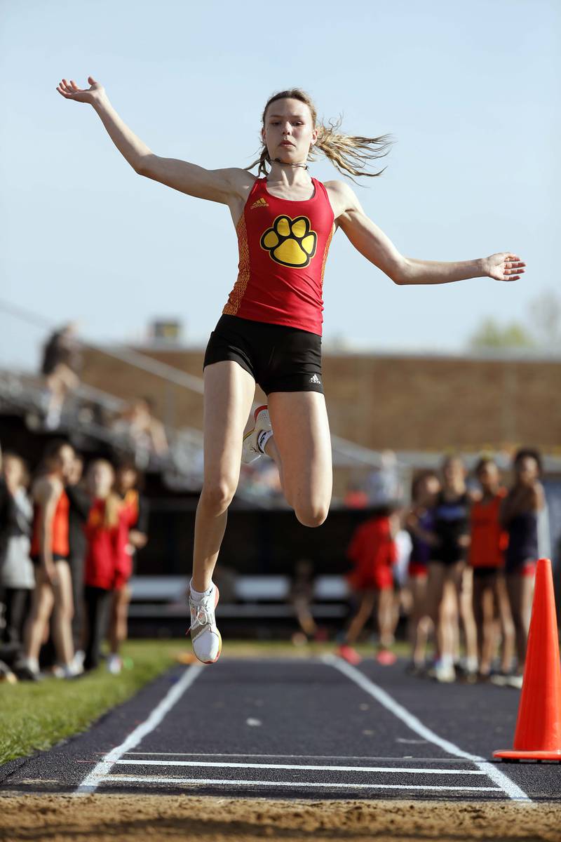 Bridget Kosky, of Batavia competes in the long jump during the Kane County girls track and field meet Thursday April 27, 2023 in Aurora.