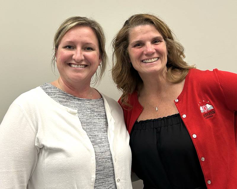 Outgoing Oregon Junior/Senior Principal Heidi Deininger (right) poses with incoming principal Jen Speakes on Wednesday, April 22, 2025. Deininger is leaving the Oregon district to o be the superintendent at West Carroll School District. Speakes will begin her Oregon duties this summer.
