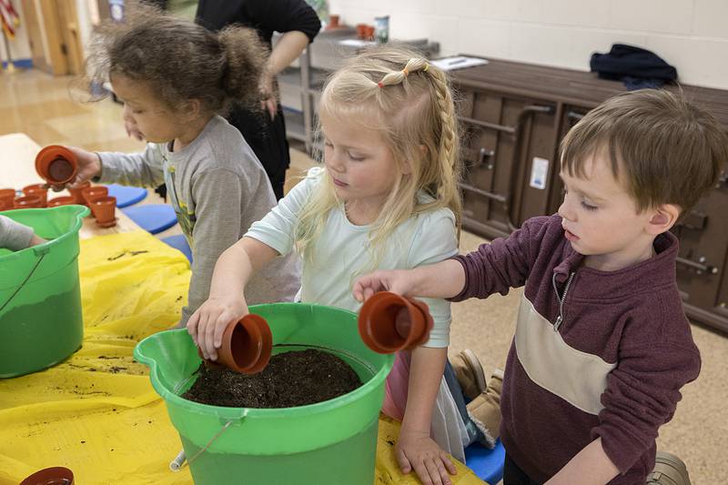 St. Anne’s students Sean (left), Evie and Jordan dig into soil to plant clover seeds Thursday, March 7, 2024, at the school. Three leafed clovers are used to explain the Holy Trinity in that three beings are also one entity.