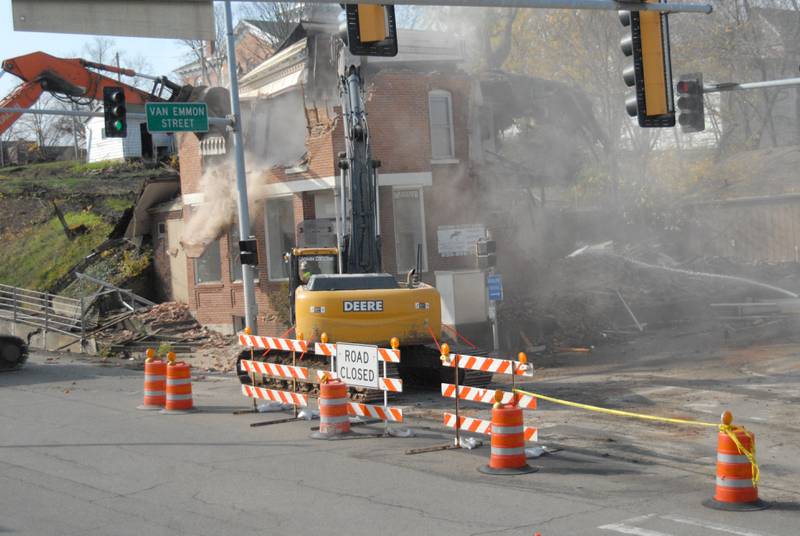 2012: Crews demolished the Muellner building at the southwestcorner of Route 47 and Van Emmon Street in downtown Yorkville. The adjacent wall also came down to make room for a four-lane highway. (Shaw Media file photo)