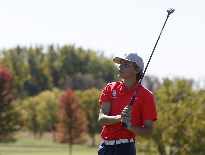 Dundee-Crown’s Jake Russell watches his tee shot on the second hole during the IHSA Boys’ Class 3A Sectional Golf Tournament Monday, Oct. 3 2022, at Randall Oaks Golf Club in West Dundee.