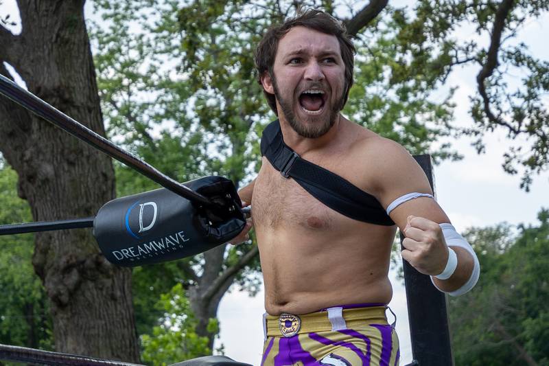 Gaige Noonan of 'The Hype' excites crowd at the Taste of the Illinois Valley DreamWave Wrestling event on Saturday, August 2, 2025 at Centennial Park in Peru.