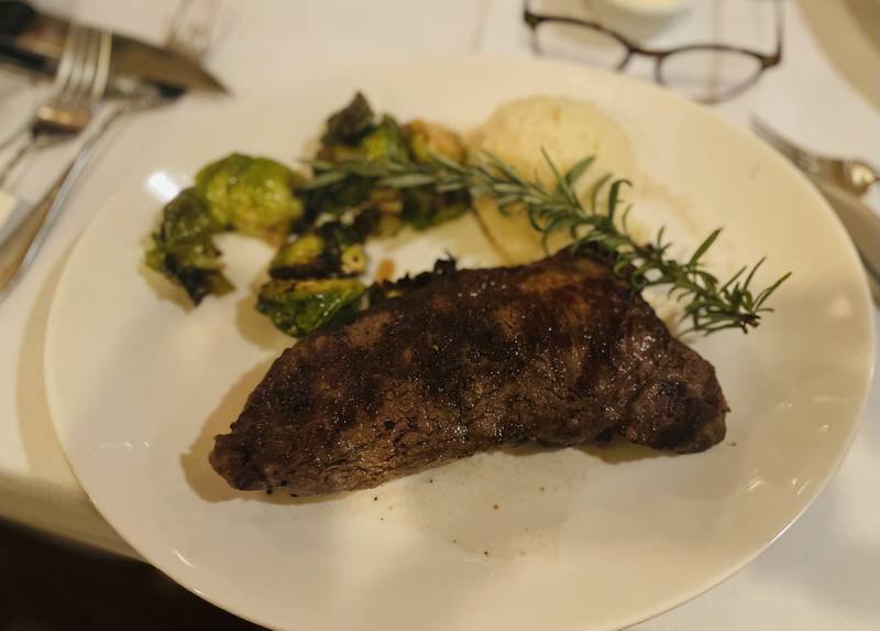 The Anvil Club in East Dundee. NY Strip - PRIME steak was cooked to perfection. Mouth watering, juicy and cooked to perfection. The Brussel's sprouts and garlic mashed potatoes were a perfect compliment.