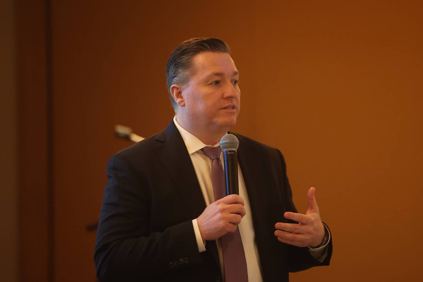 Doug Pryor, President and CEO of the Will County Center for Economic Development, speaks at the Joliet Region Chamber of Commerce and Industry January Member Luncheon on Wednesday, Jan. 31st, 2024 in Joliet.