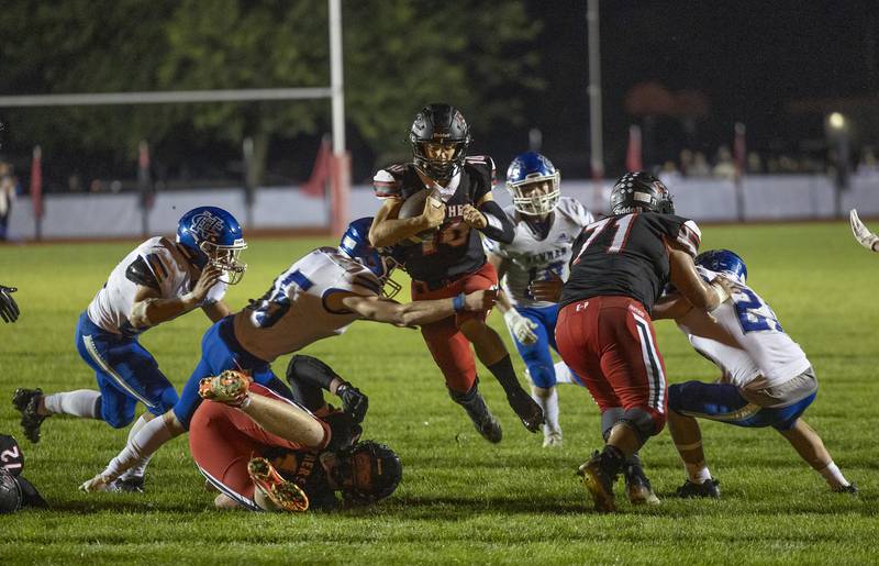 Erie-Prophetstown’s Jeremiah Kochevar leaps through the line against Newman Friday, Sept. 22, 2023 in a game at Erie.