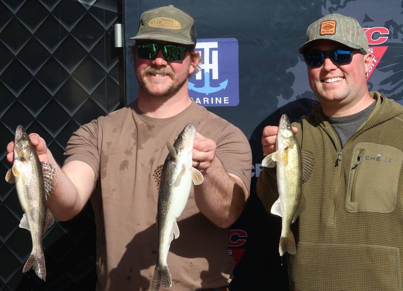 Kyle Horner and Caden Horner of Streator, pose with their fish during the annual Masters Walleye Circuit tournament on Friday, March 20, 2026 at the Spring Valley Boat Club.