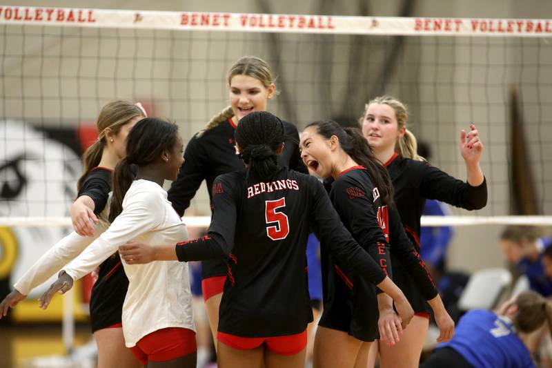 Benet players celebrate their win over St. Charles North on Monday, Oct. 7, 2024 at Benet in Lisle.