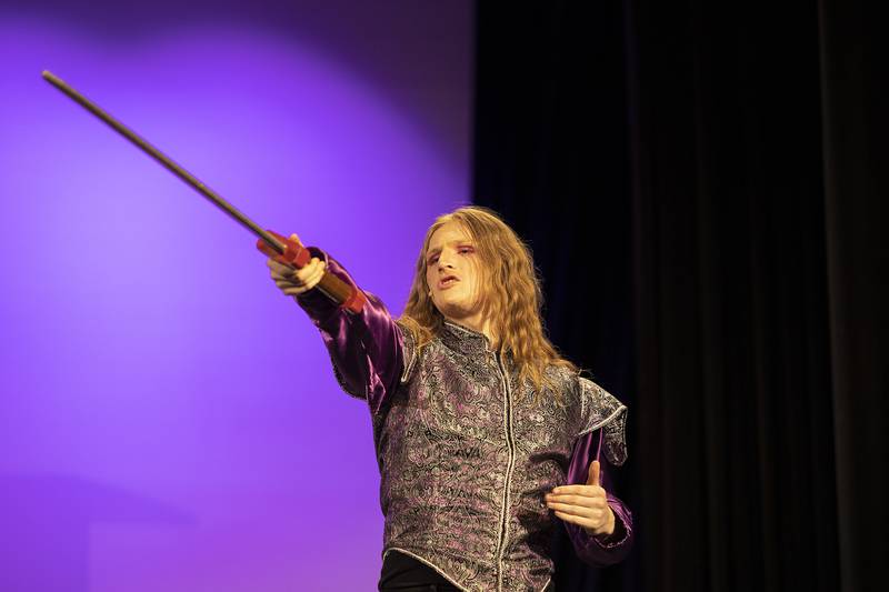 Aidan Price playing Lewis makes a stage appearance during rehearsal for “Pippin” Wednesday, April 17, 2024 in the Wiltz Auditorium at Dixon High School.