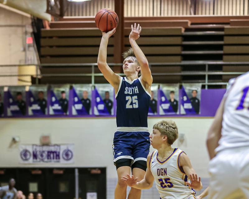 Downers Grove South's Daniel Sveiteris (25) shoots a jump shot during basketball game between Downers Grove South at Downers Grove North. Dec 16, 2023.