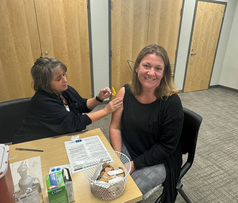 Morris Hospital employees get vaccinated against the flu.