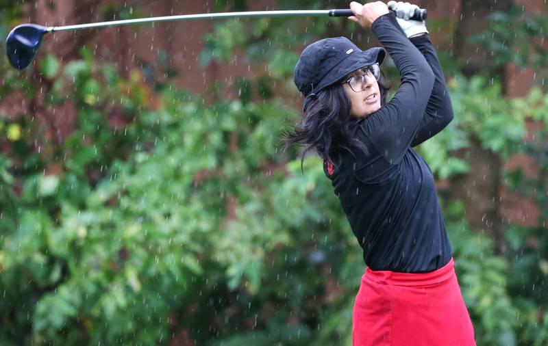 Ottawa’s Sam Rivera tees off on the third hole Tuesday, Sept. 24, 2024, during the Interstate 8 girls golf tournament at the Sycamore Golf Club.