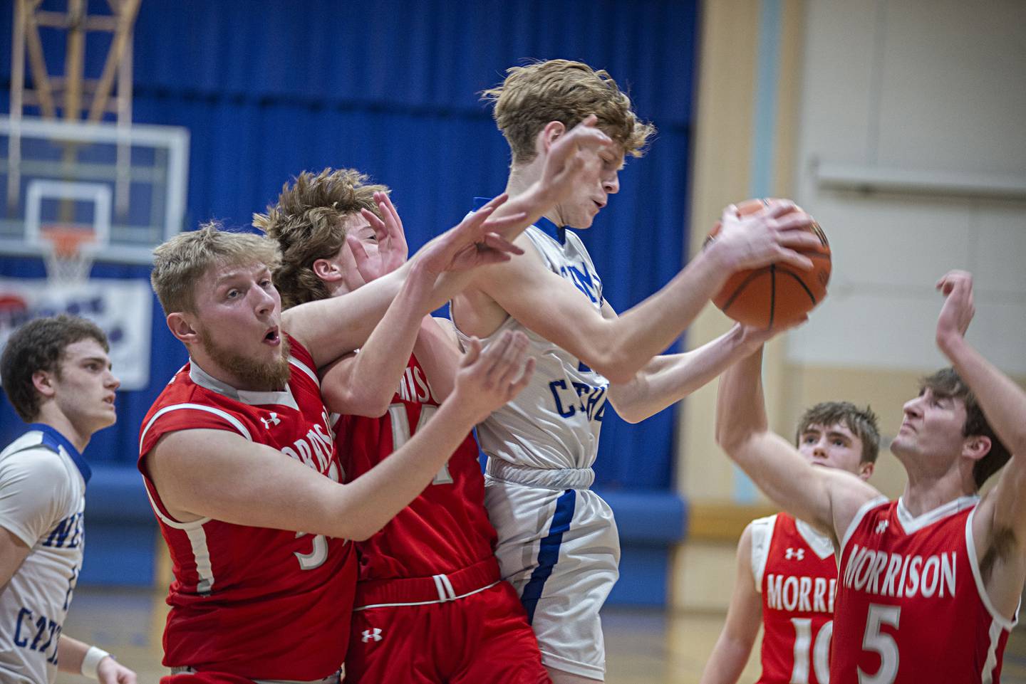 Newman’s Lucas Simpson hauls down a rebound Monday, Feb. 14, 2022 against Morrison.