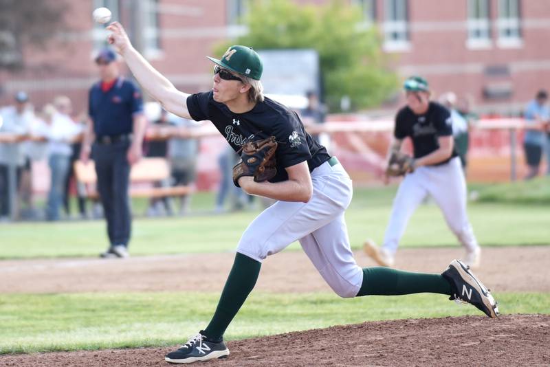 Bishop McNamara's Callaghan O'Connor throws a pitch during the Class 2A Beecher Sectional semifinals against Manteno Thursday, May 29, 2025.