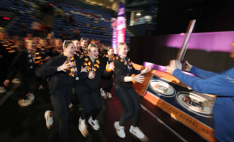 Lincoln-Way West reacts after taking second in the IHSA 2A  Competitive Dance State Finals Saturday, Jan. 27, 2024 at Grossinger Motors Arena in Bloomington.