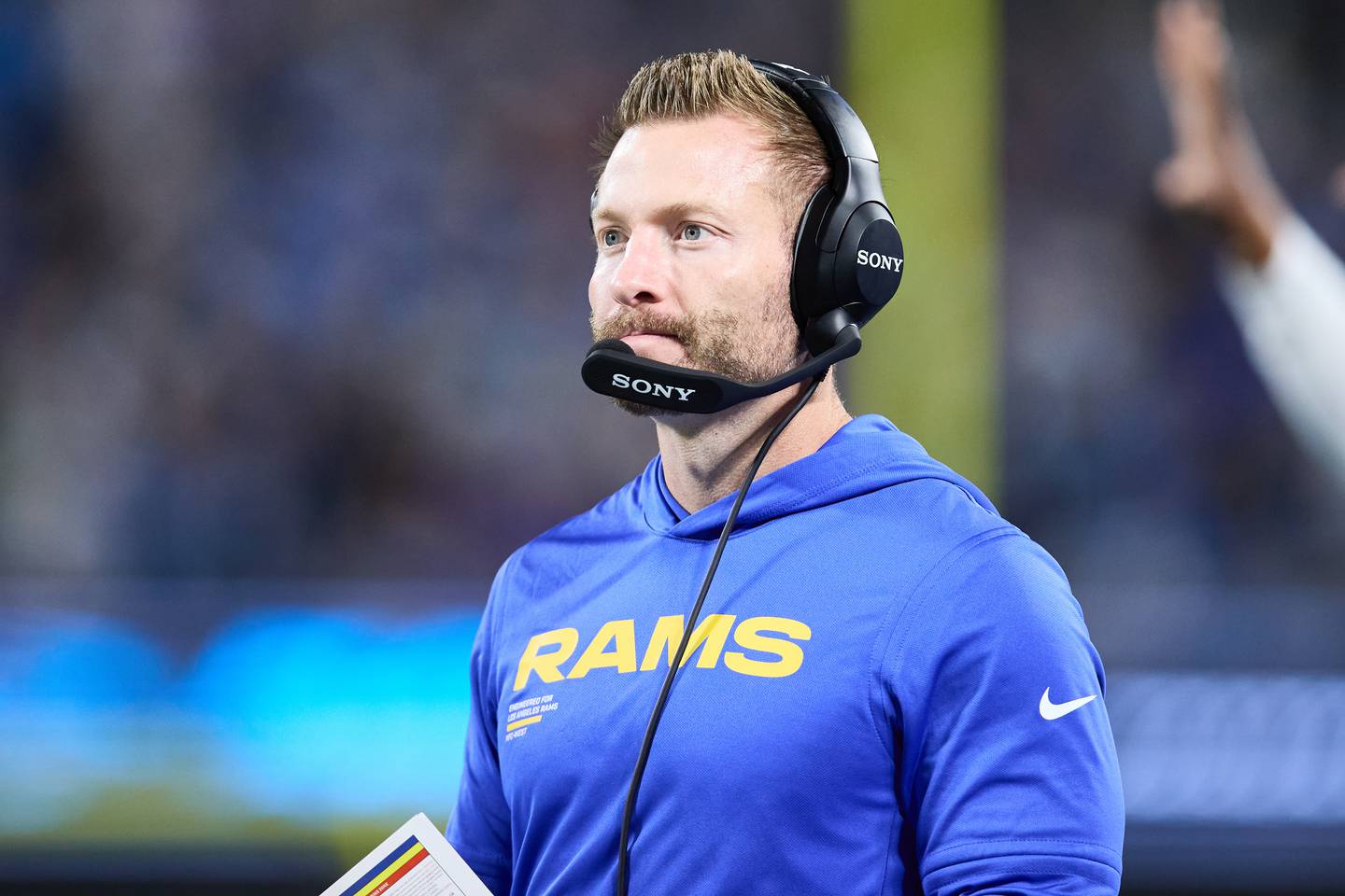 Los Angeles Rams head coach Sean McVay looks on from the sideline against the Carolina Panthers during an NFL wild card playoff football game, Saturday, Jan. 10, 2026, in Charlotte, N.C. (AP Photo/Brian Westerholt)
