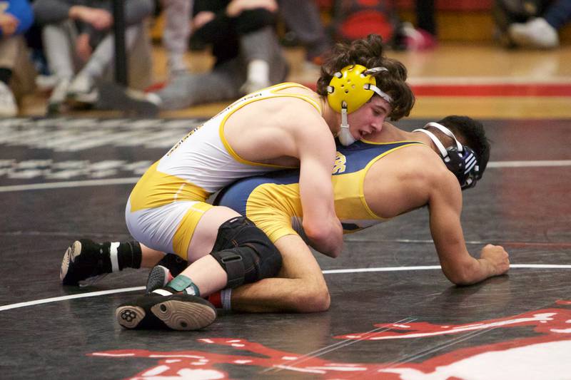 Jacob's Dominic Ducato competes against Round Lake's AlejandroCordova in the 113 lb Championship match at the Class 3A Sectional at Barrington High School on Saturday, Feb. 11, 2023.