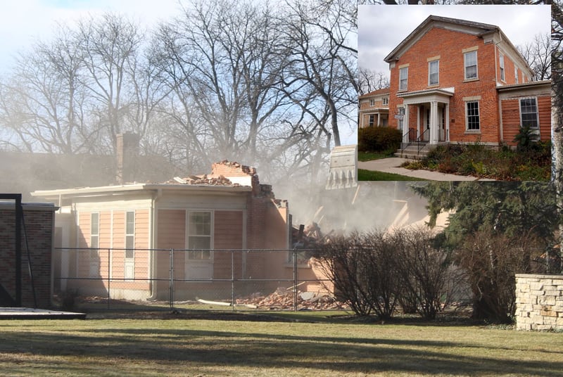 Despite efforts by local preservation backers, the demolition of the Academy Building in Crystal Lake was completed on Jan. 13, 2026. The building, shown inset in 2024 and also known as the Tarpley House or the Gates House, was built in the 1850s.